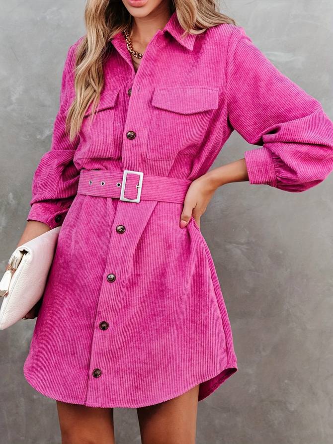 Belted Corduroy Shirt Dress for Women