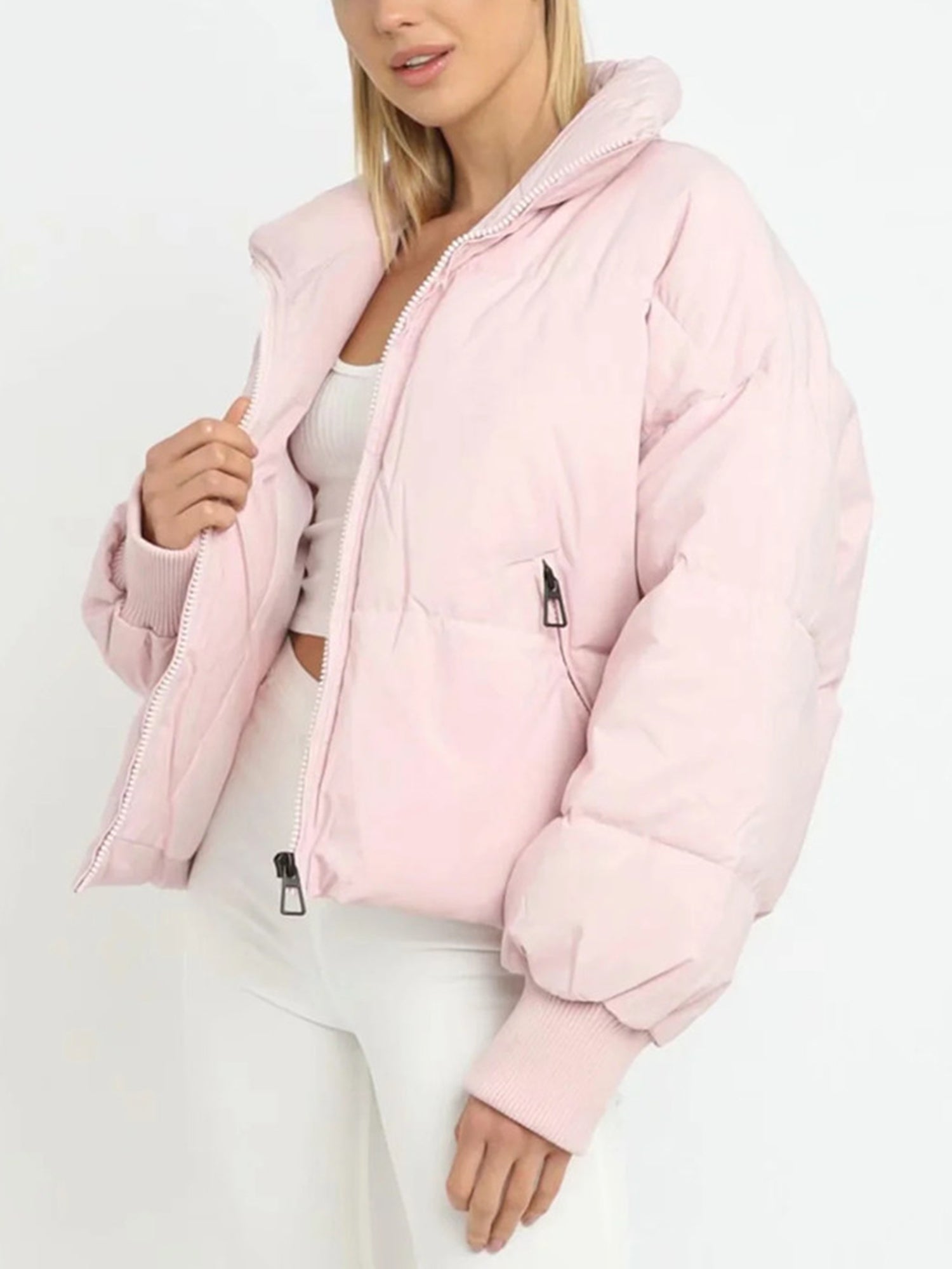 Cropped Puffer Jacket with High Neck and Zip Closure