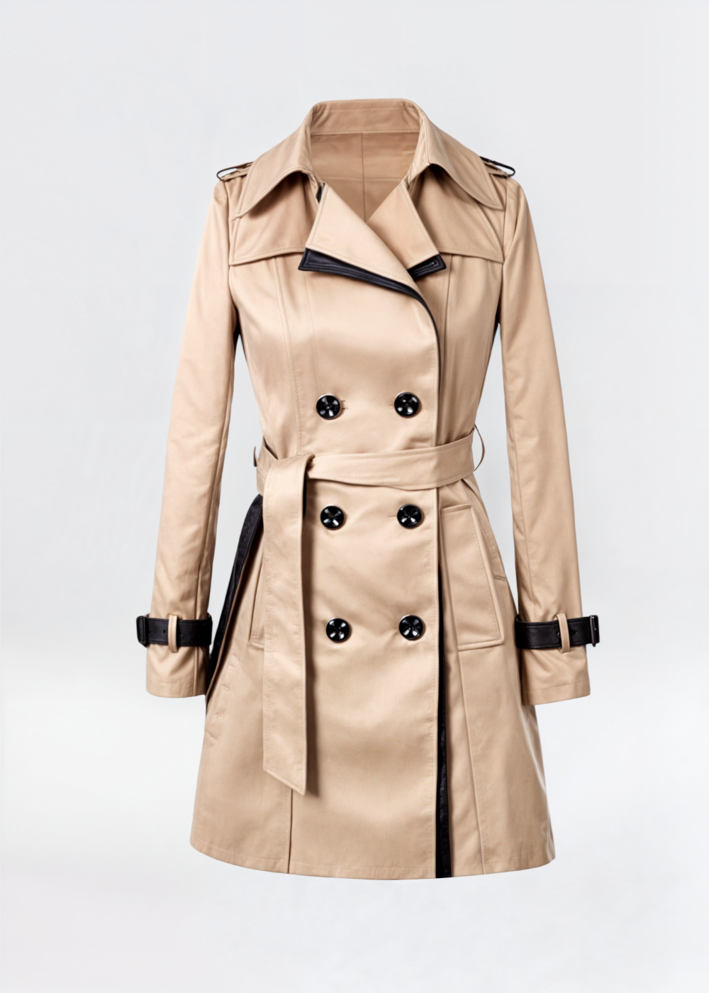 Classic Double-Breasted Trench Coat with Belt and Contrast Trim