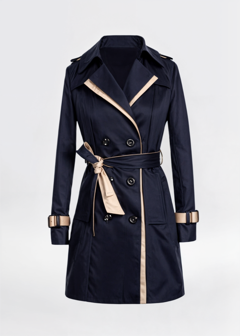 Classic Double-Breasted Trench Coat with Belt and Contrast Trim