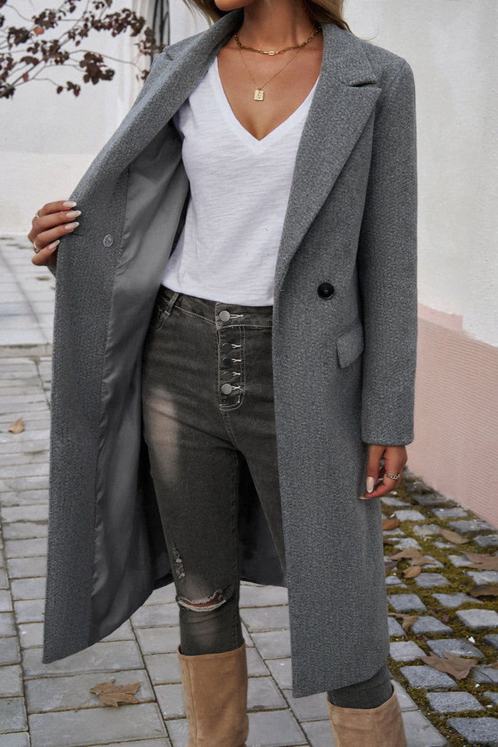 Single-Breasted Long Wool-Blend Coat with Lapel Collar