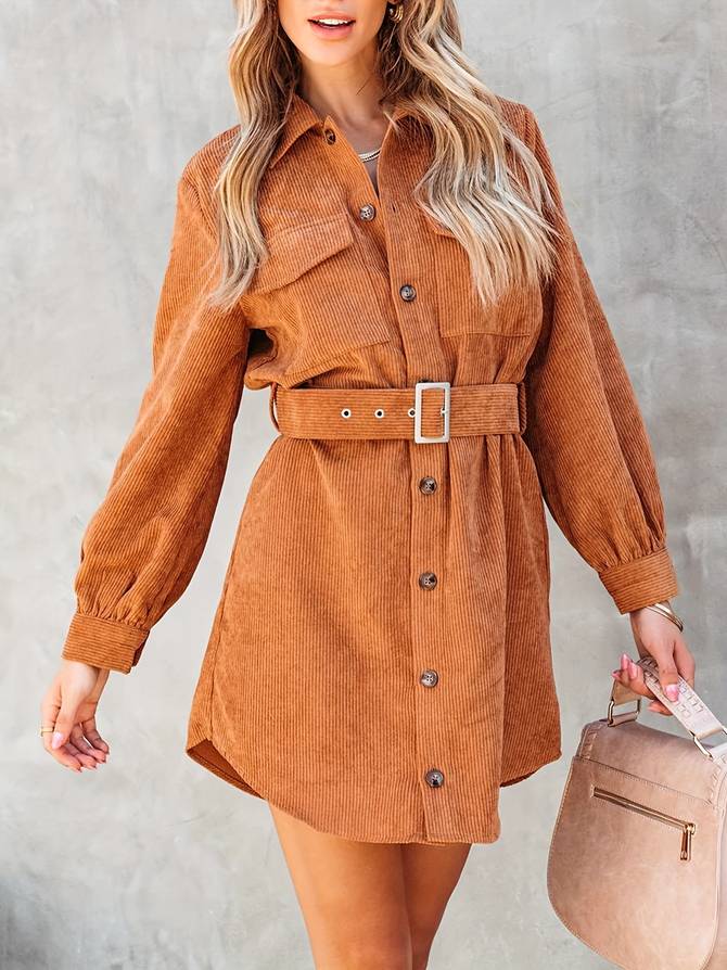Belted Corduroy Shirt Dress for Women