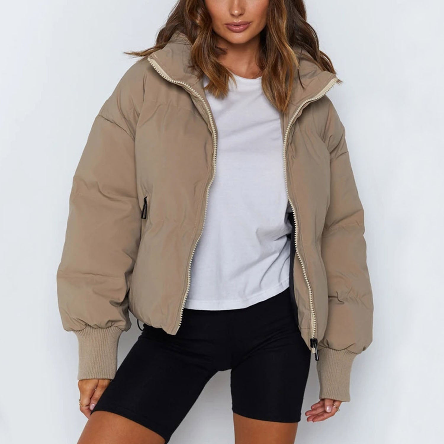 Cropped Puffer Jacket with High Neck and Zip Closure
