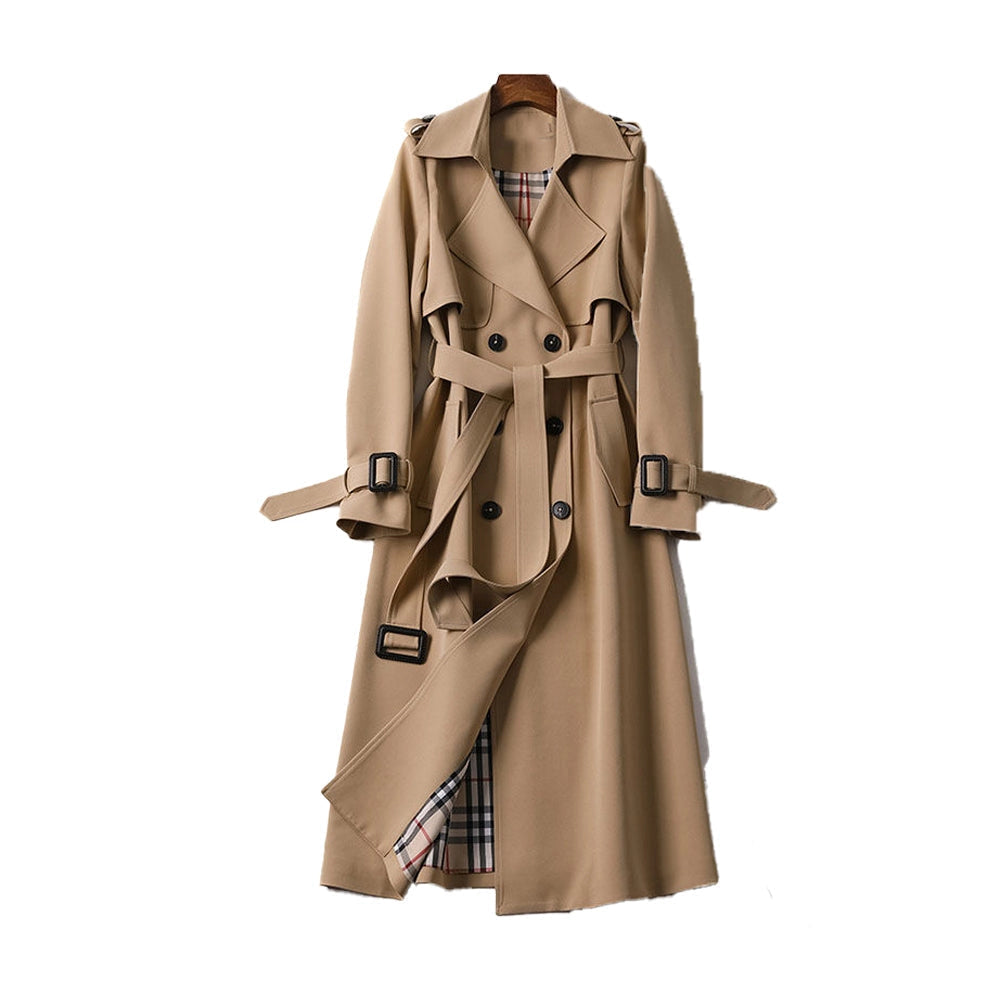 Classic Double-Breasted Long Trench Coat with Belt