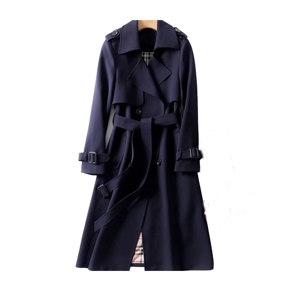 Classic Double-Breasted Long Trench Coat with Belt
