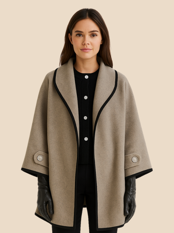 Women’s Hooded Wool Blend Cape Coat – Elegant Button Poncho Jacket