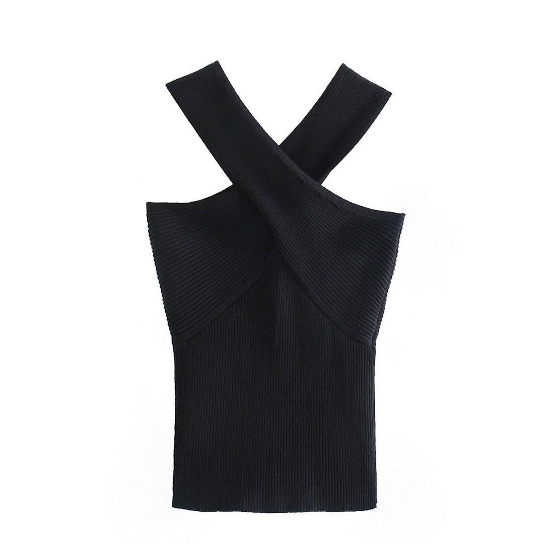 Chic Ribbed Cross Halter Neck Top for Women
