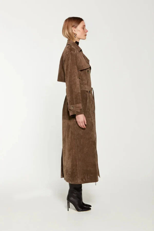 Long Faux Fur Belted Coat with Lapel Collar