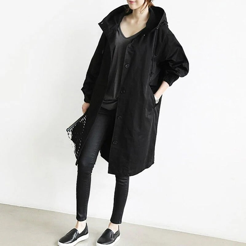 Oversized Hooded Trench Coat with Button Front