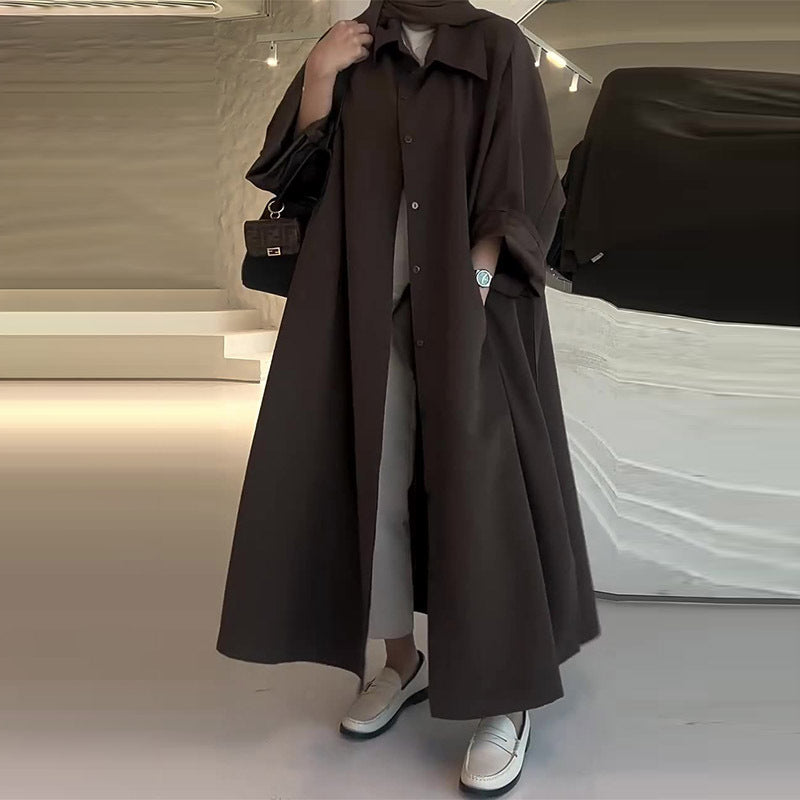 Long Flowing Trench Coat with Wide Hem and Button Closure