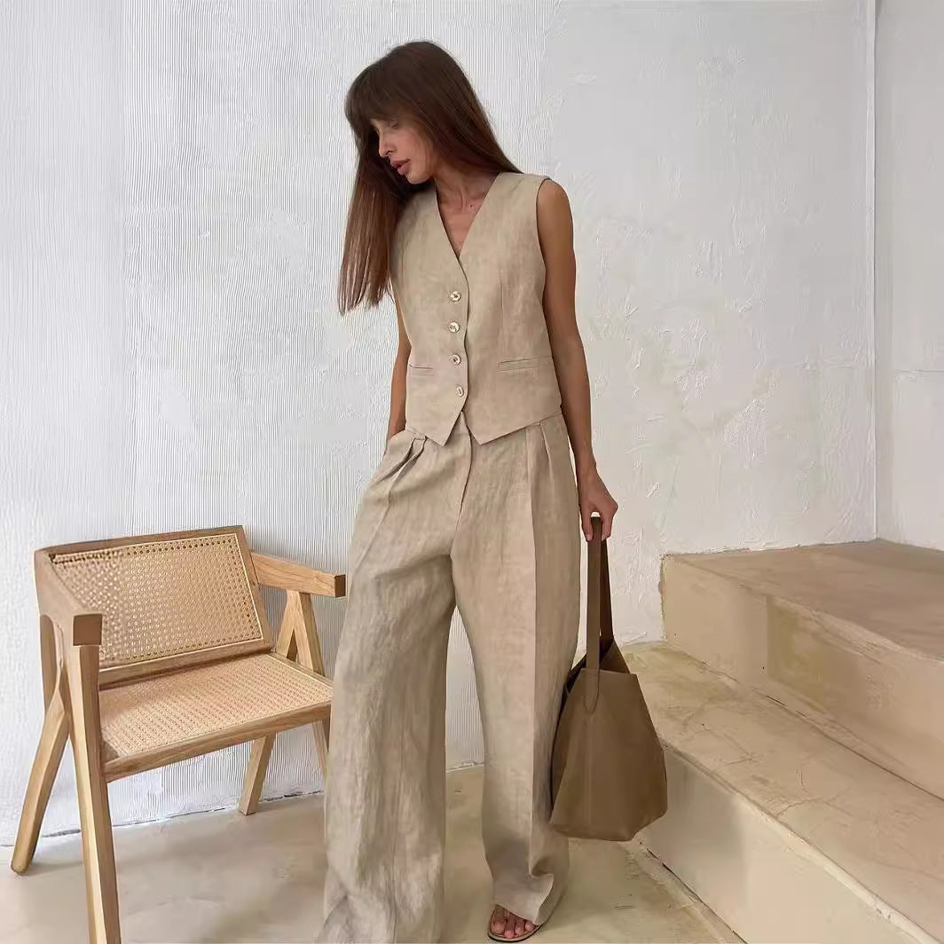 Beige Tailored Vest and Wide-Leg Pants Set – Women’s Two-Piece Suit