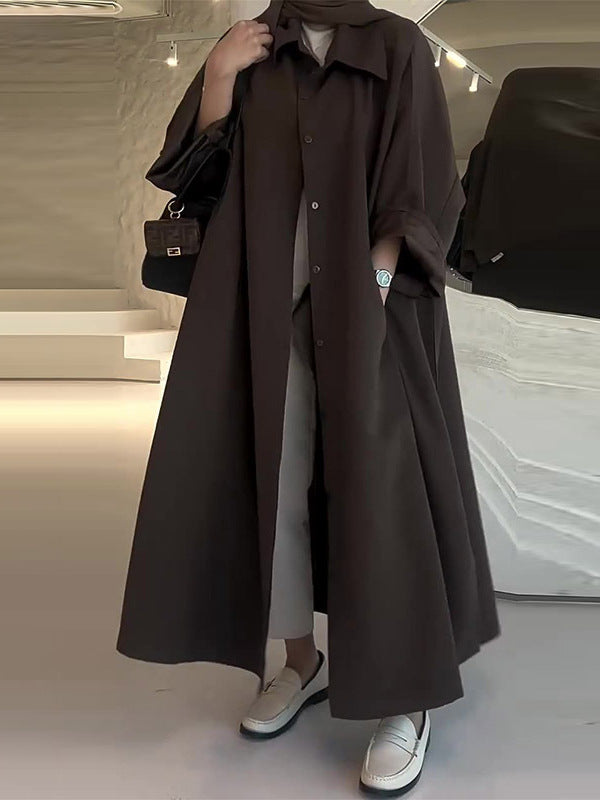 Long Flowing Trench Coat with Wide Hem and Button Closure