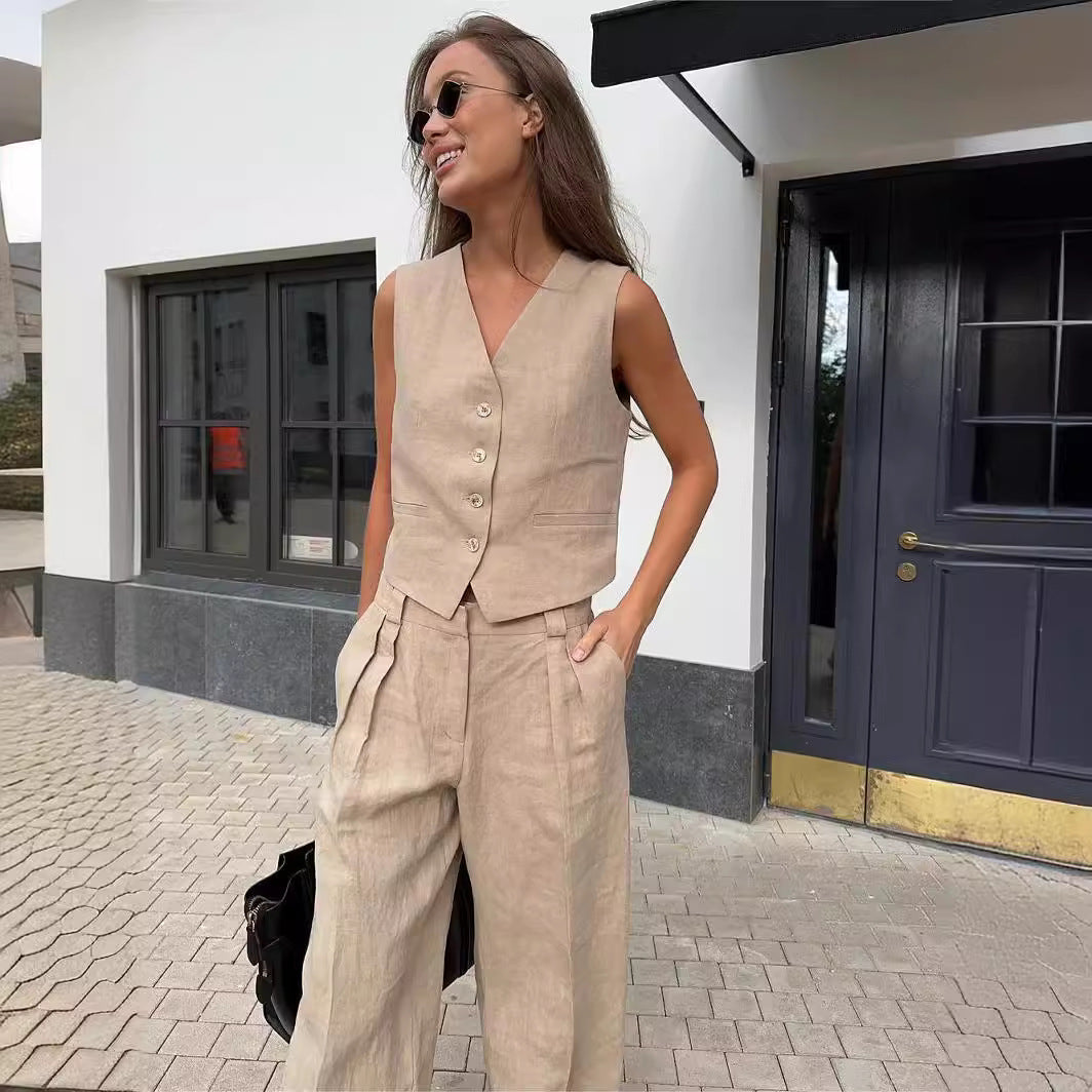 Beige Tailored Vest and Wide-Leg Pants Set – Women’s Two-Piece Suit