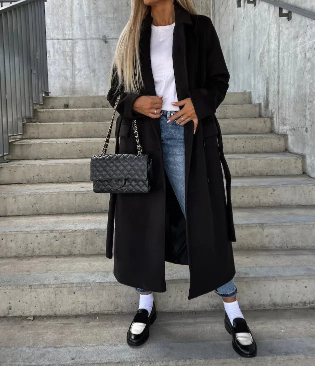 Tailored Long Wool-Blend Coat with Button Closure