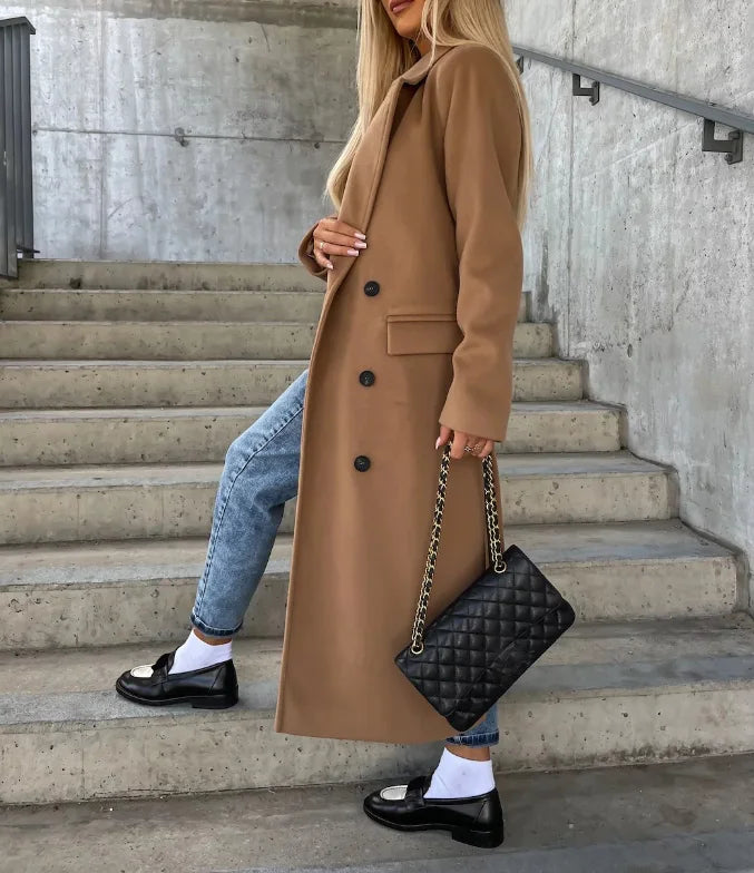 Tailored Long Wool-Blend Coat with Button Closure