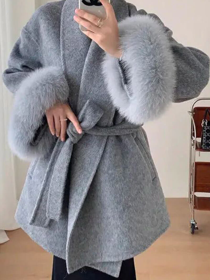 Belted Wool-Blend Coat with Faux Fur Cuffs – Women’s Elegant Outerwear