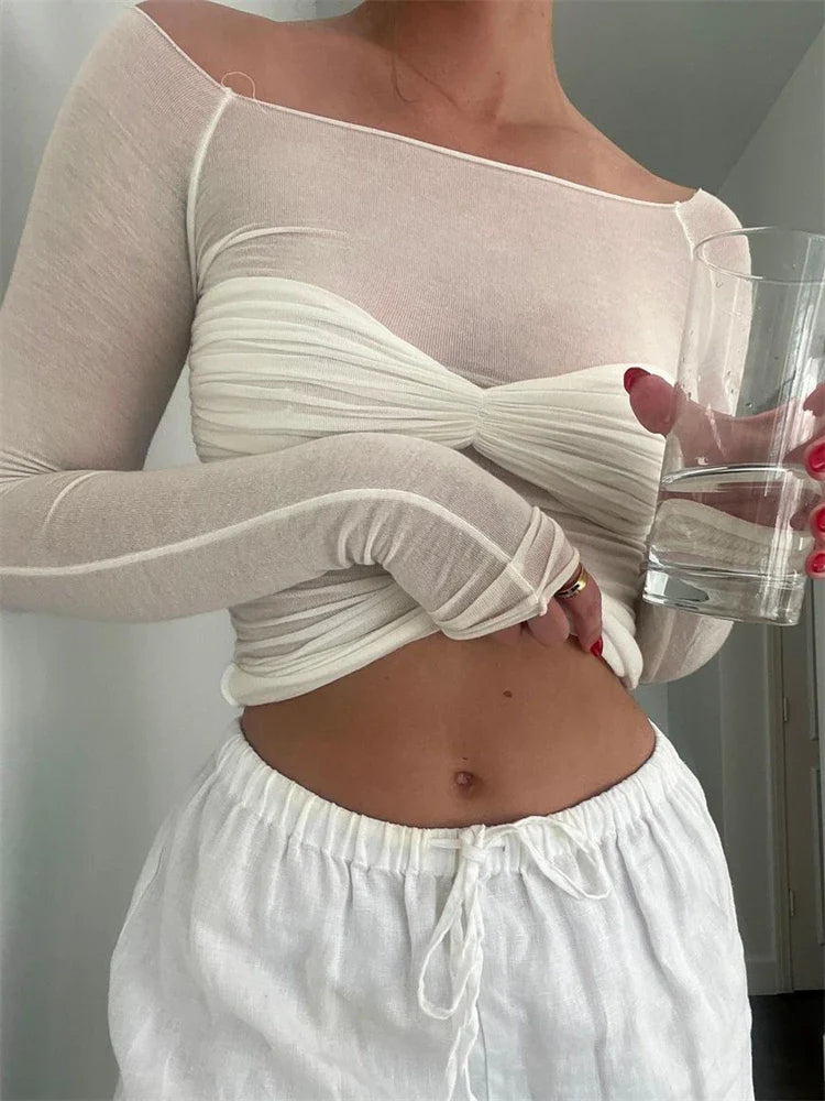 Off-Shoulder Ruched Mesh Crop Top for Women – Elegant Partywear