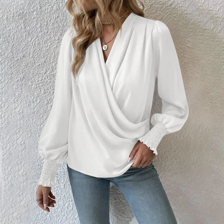 Elegant Draped V-Neck Long Sleeve Blouse for Women