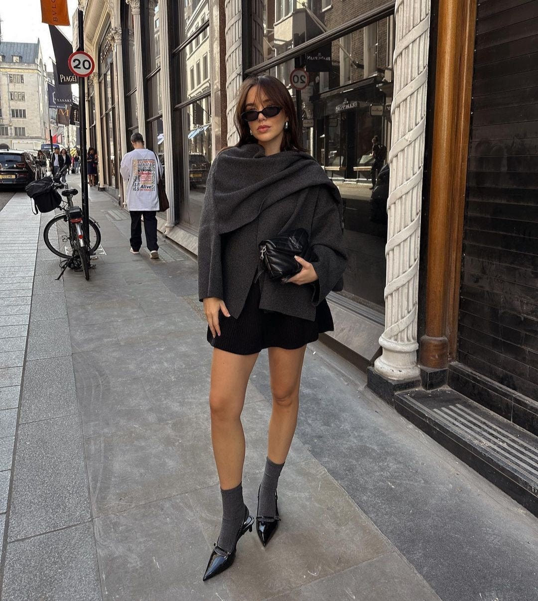 Elegant Asymmetrical Wool Blend Poncho Sweater