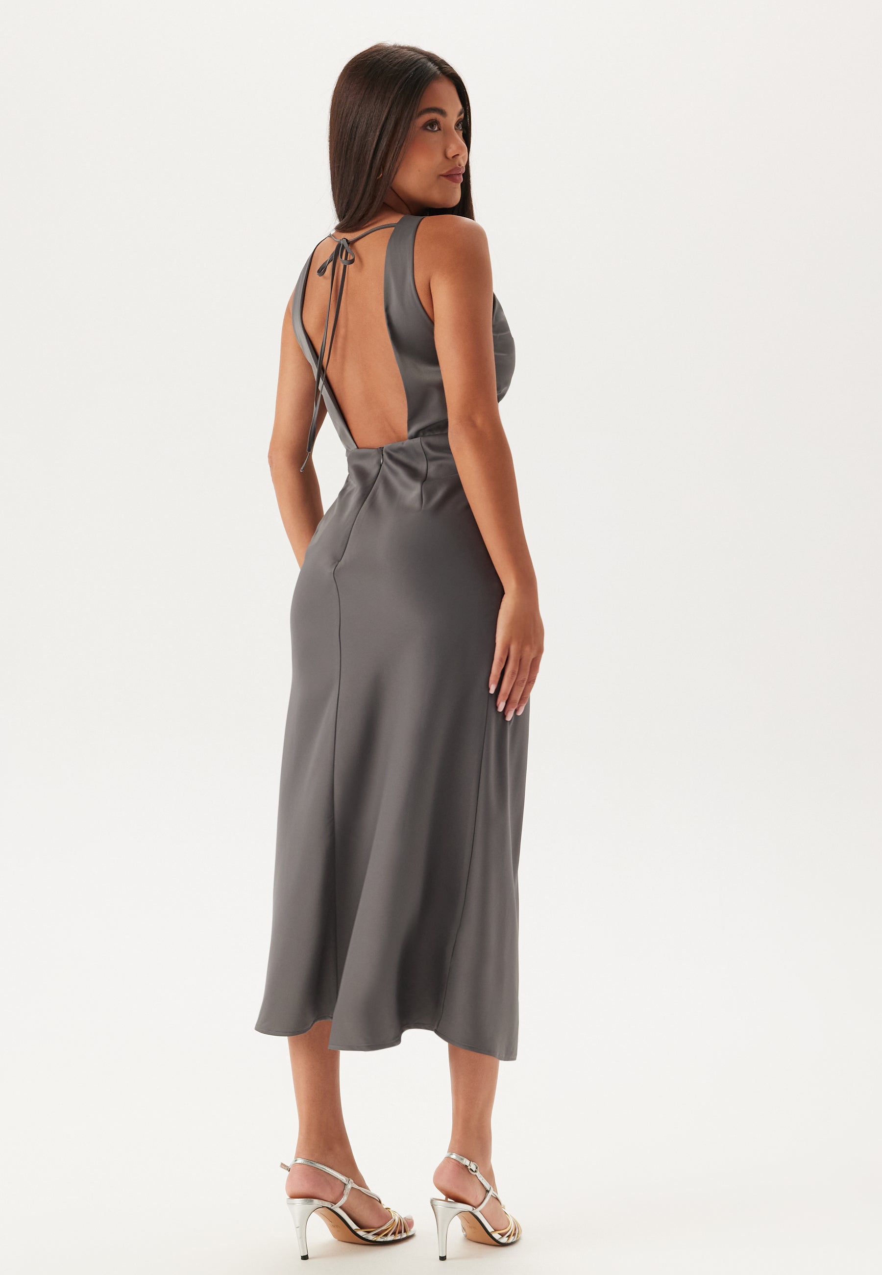 Satin Cowl Neck Open Back Midi Dress