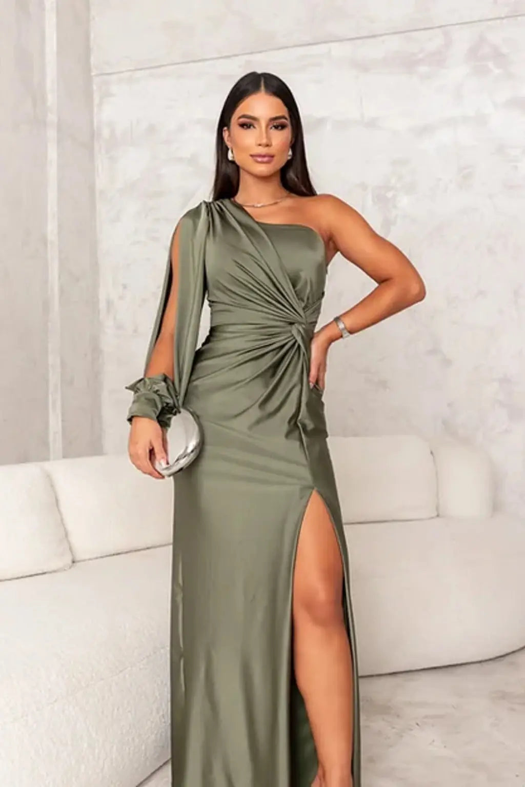 One-Shoulder Satin Slit Maxi Dress – Elegant Evening Gown
