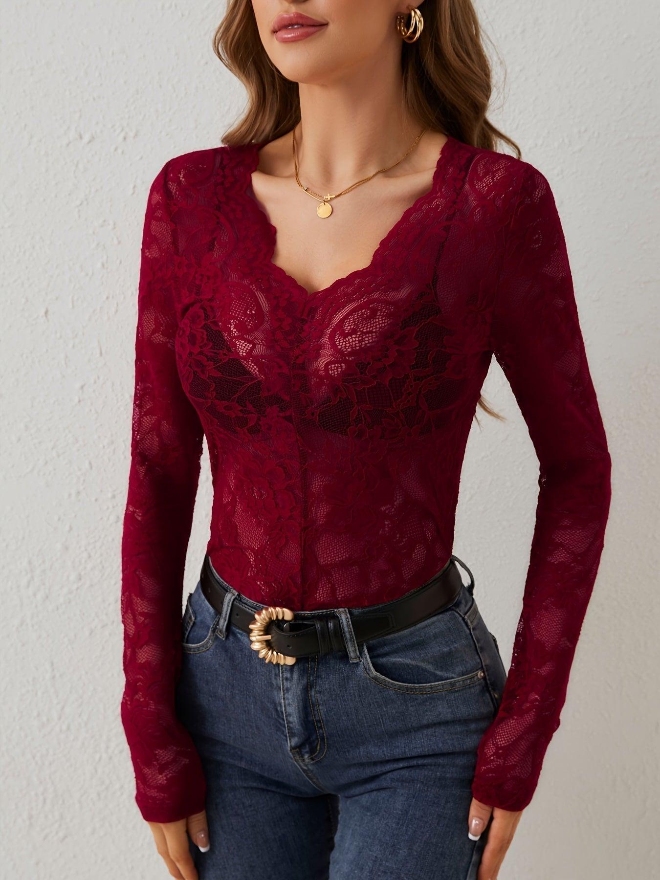 Elegant Long Sleeve Lace V-Neck Blouse for Women