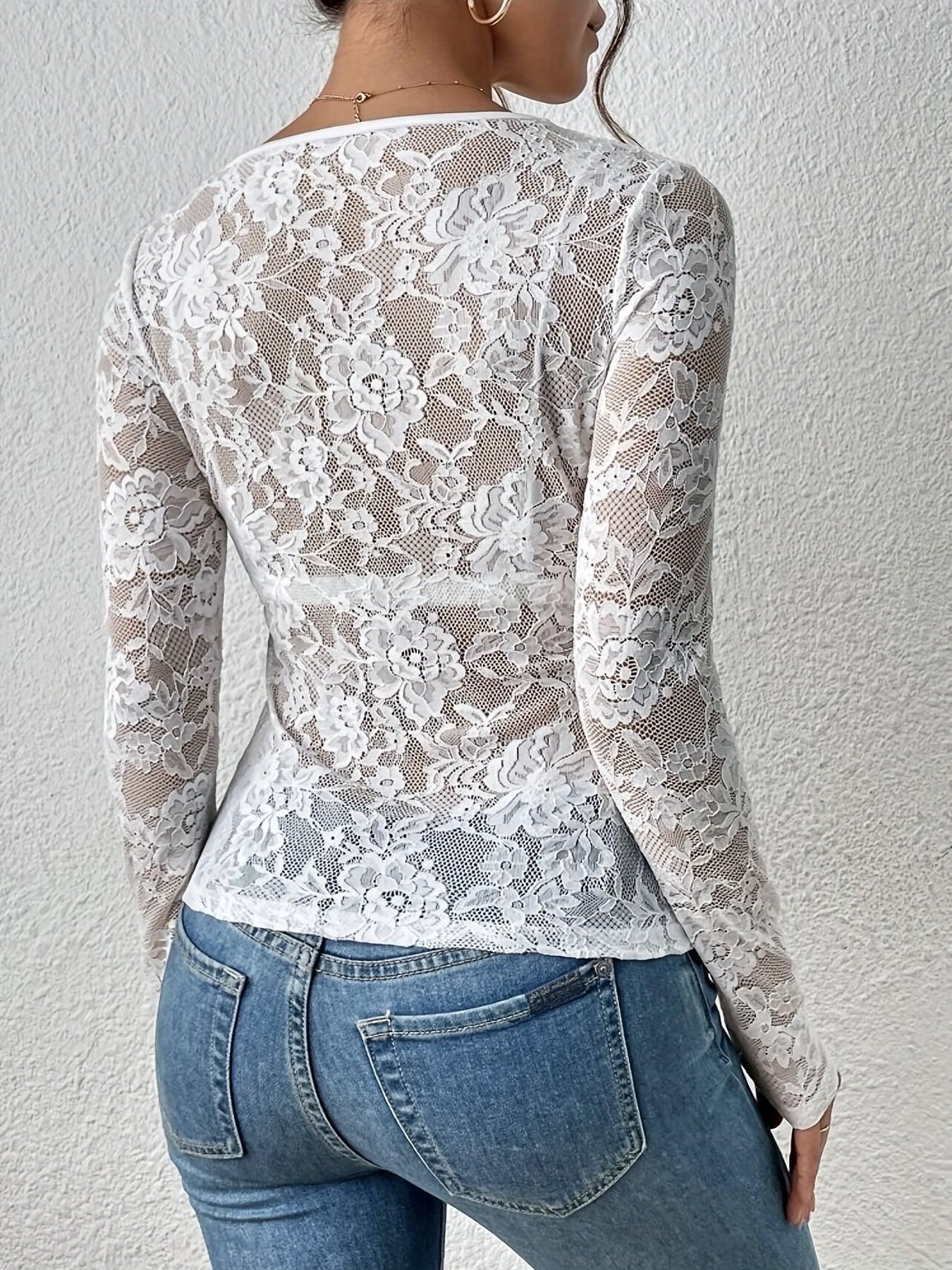 Elegant Long Sleeve Lace V-Neck Blouse for Women