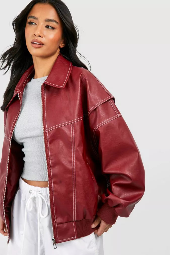 Oversized Faux Leather Jacket for Women