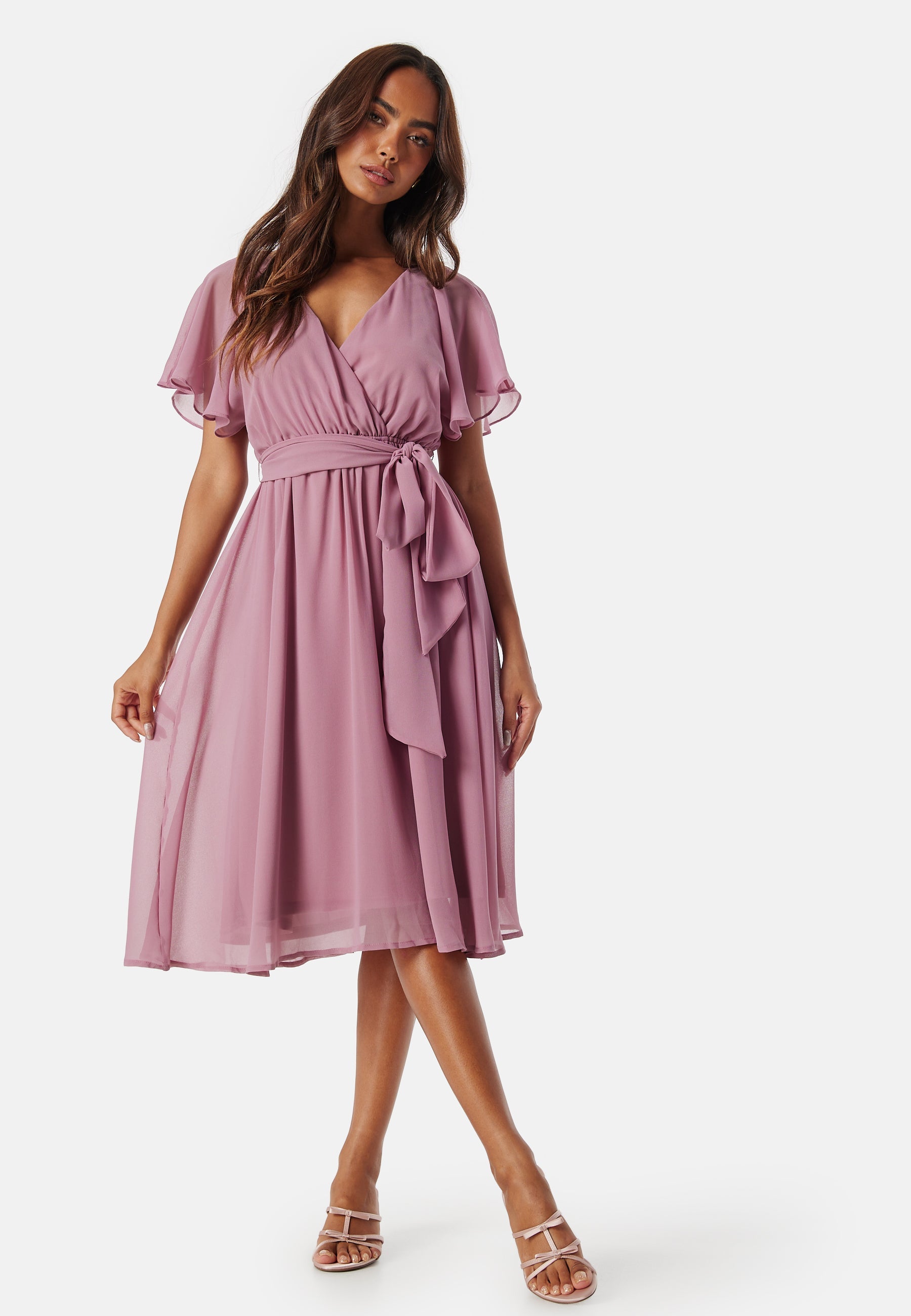 Flutter Sleeve Wrap Midi Dress