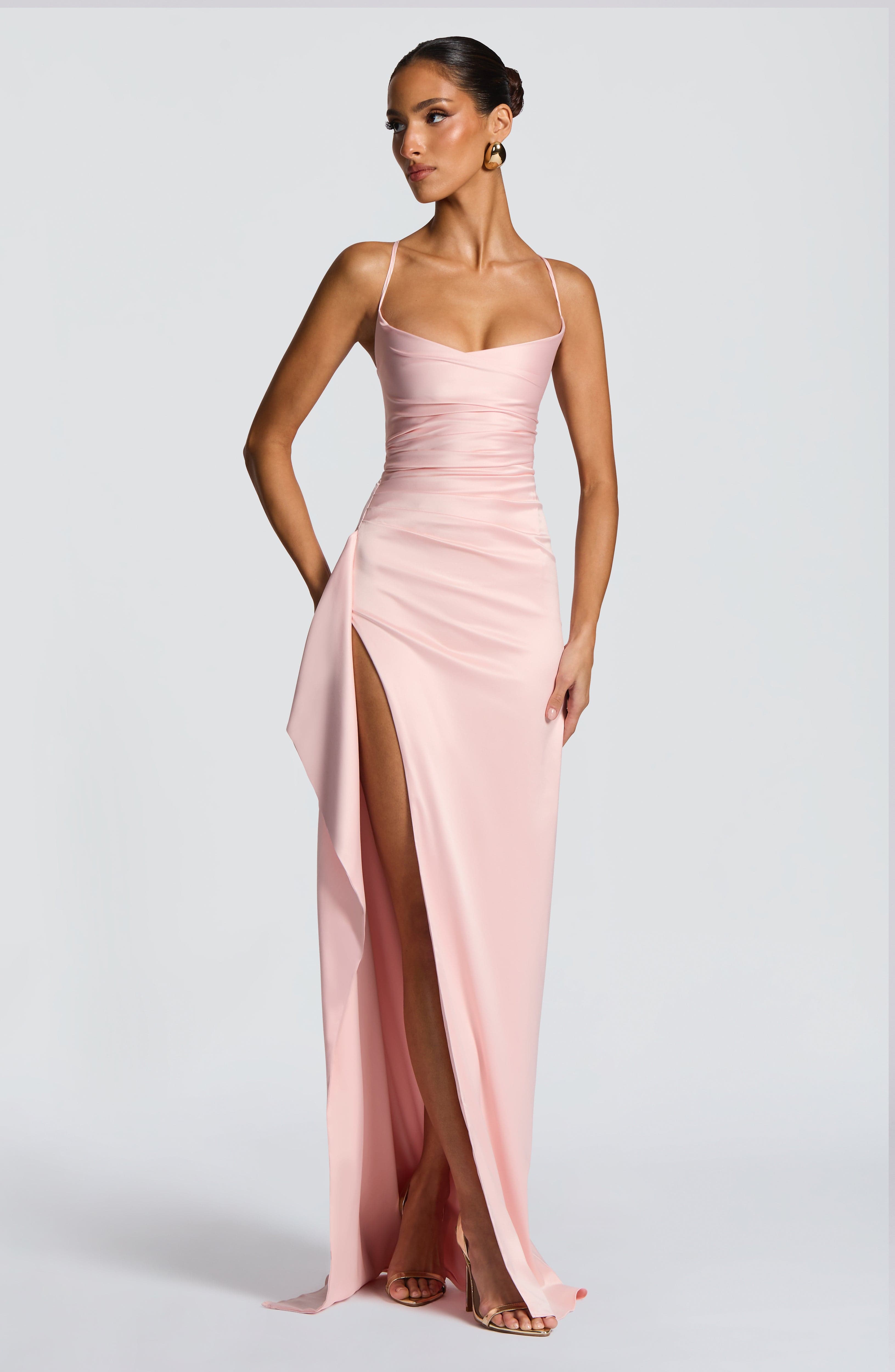 Strapless Satin Maxi Dress with Side Drape Detail
