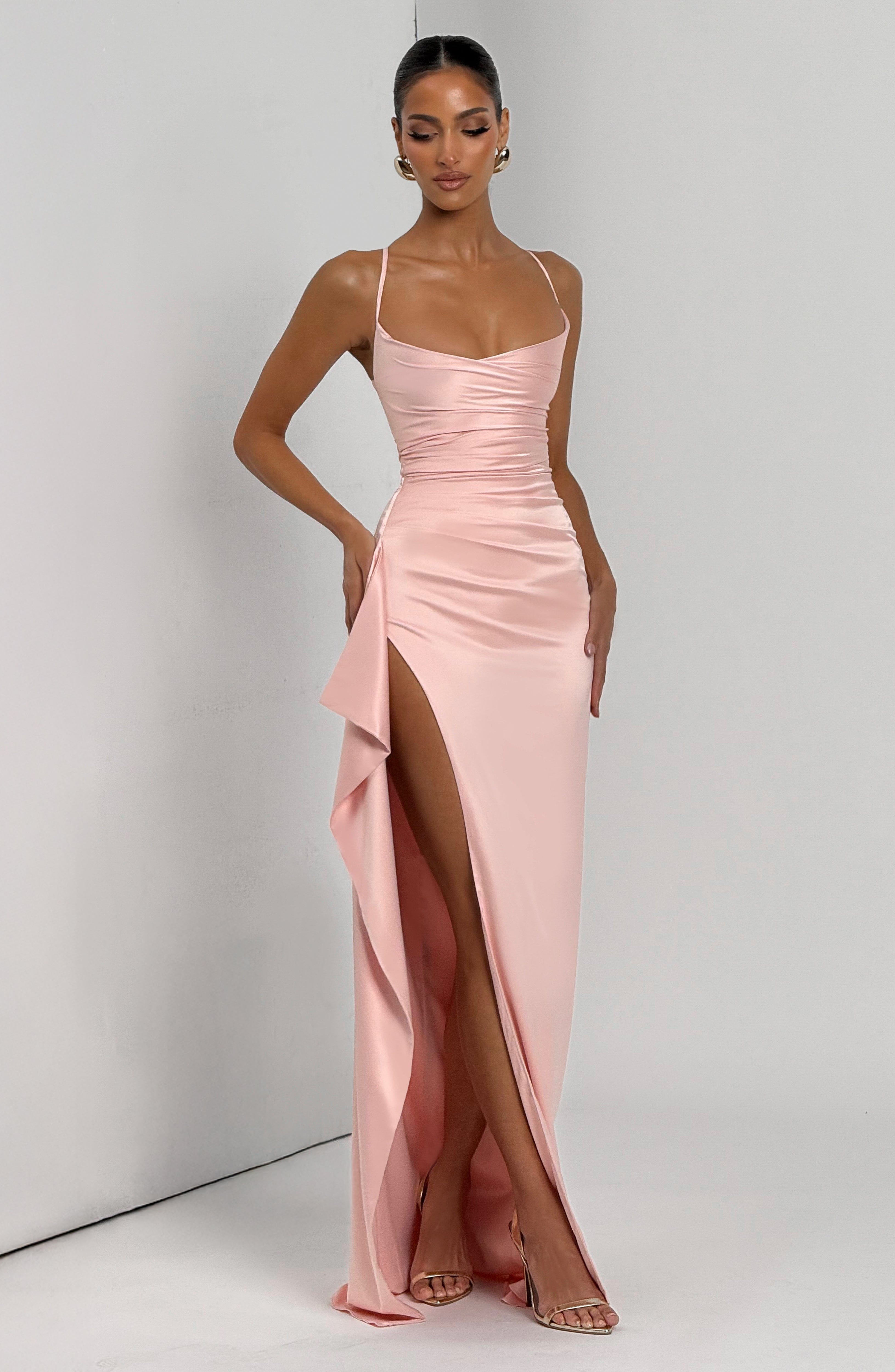 Strapless Satin Maxi Dress with Side Drape Detail