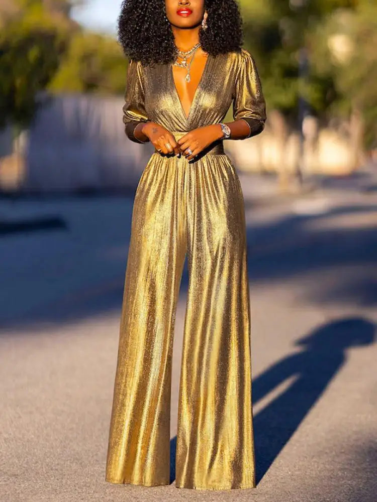 Satin V-Neck Wide-Leg Jumpsuit with Belted Waist