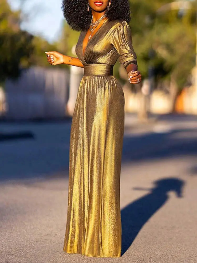 Satin V-Neck Wide-Leg Jumpsuit with Belted Waist
