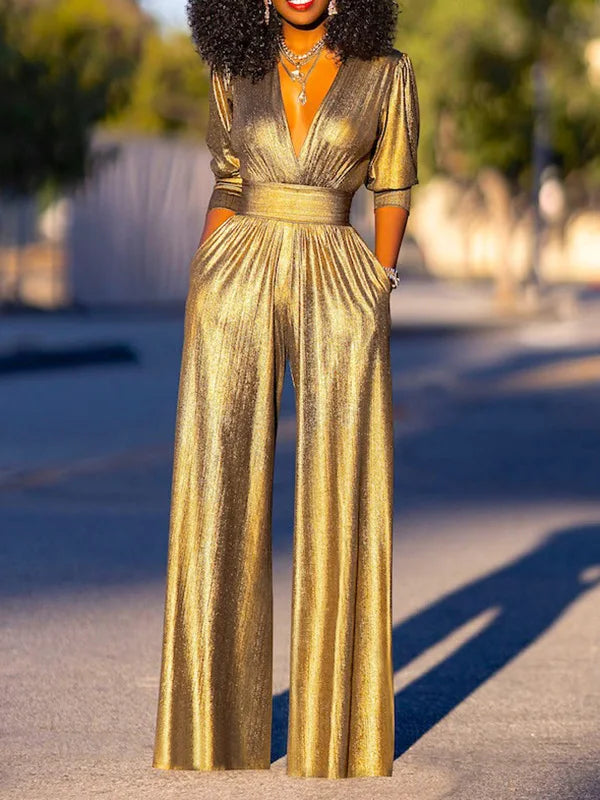 Satin V-Neck Wide-Leg Jumpsuit with Belted Waist