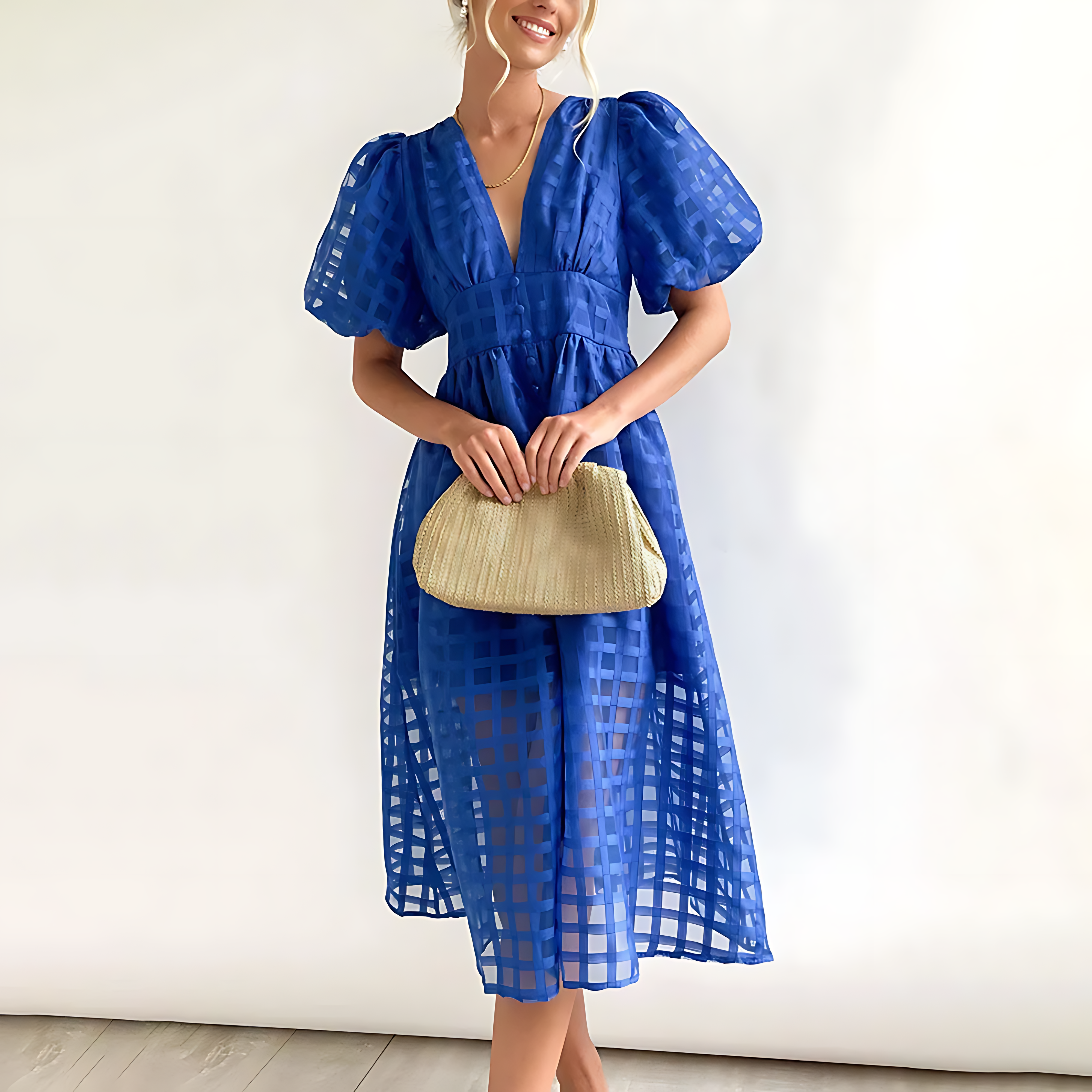 Checkered Puff Sleeve Midi Dress – Elegant Semi-Sheer Occasion Wear