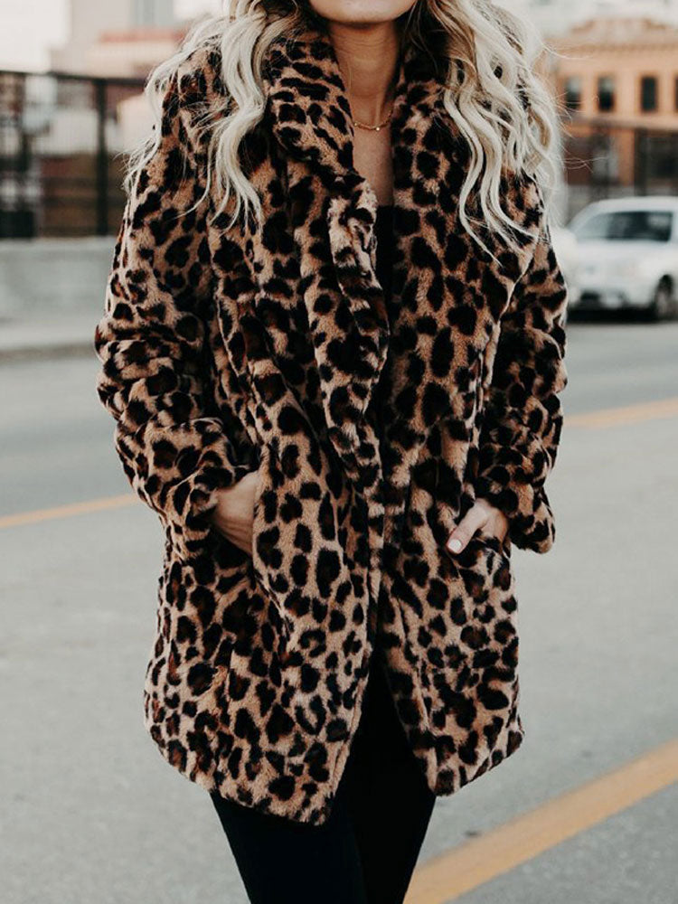 Leopard Print Faux Fur Coat for Women