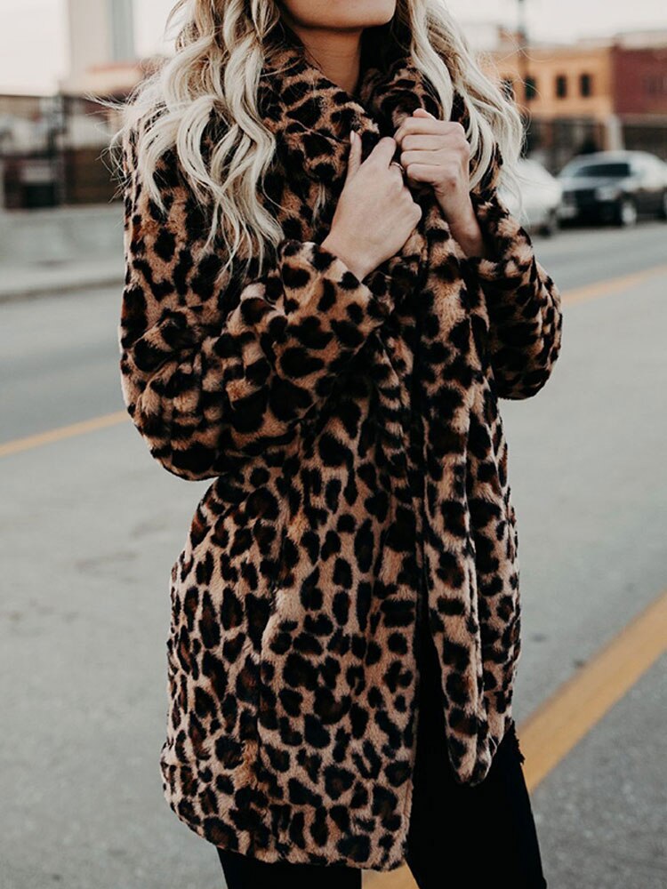 Leopard Print Faux Fur Coat for Women
