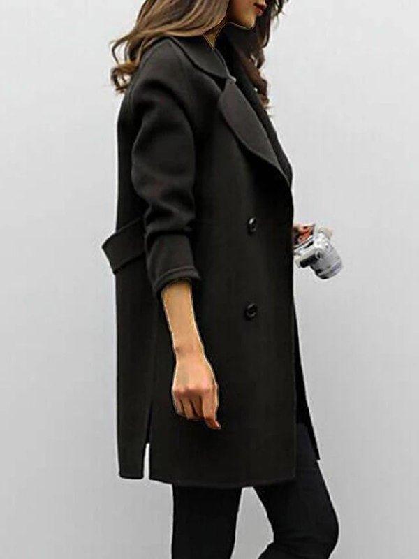 Long Wool-Blend Coat with Wide Lapel and Button Detail