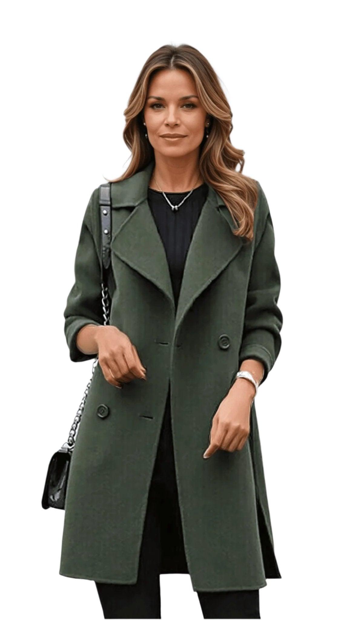 Long Wool-Blend Coat with Wide Lapel and Button Detail