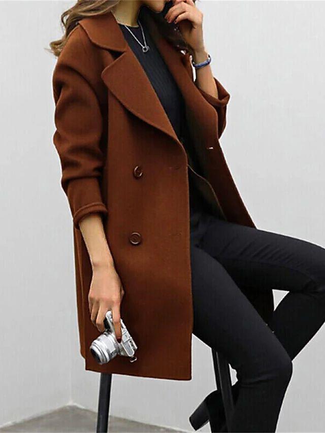 Long Wool-Blend Coat with Wide Lapel and Button Detail
