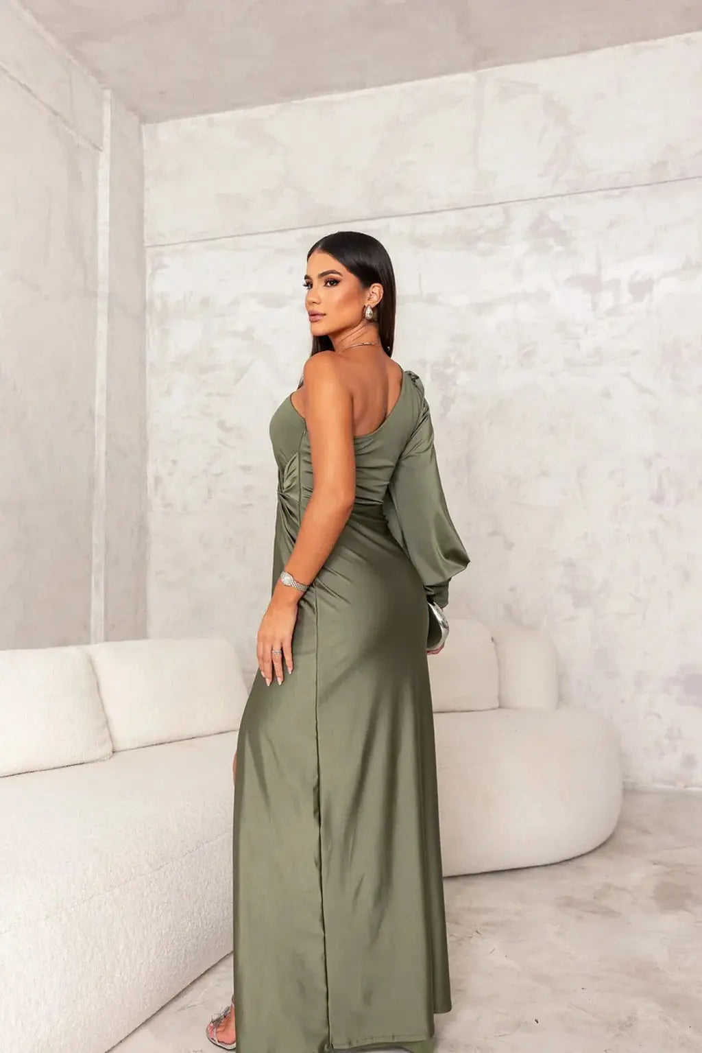 One-Shoulder Satin Slit Maxi Dress – Elegant Evening Gown